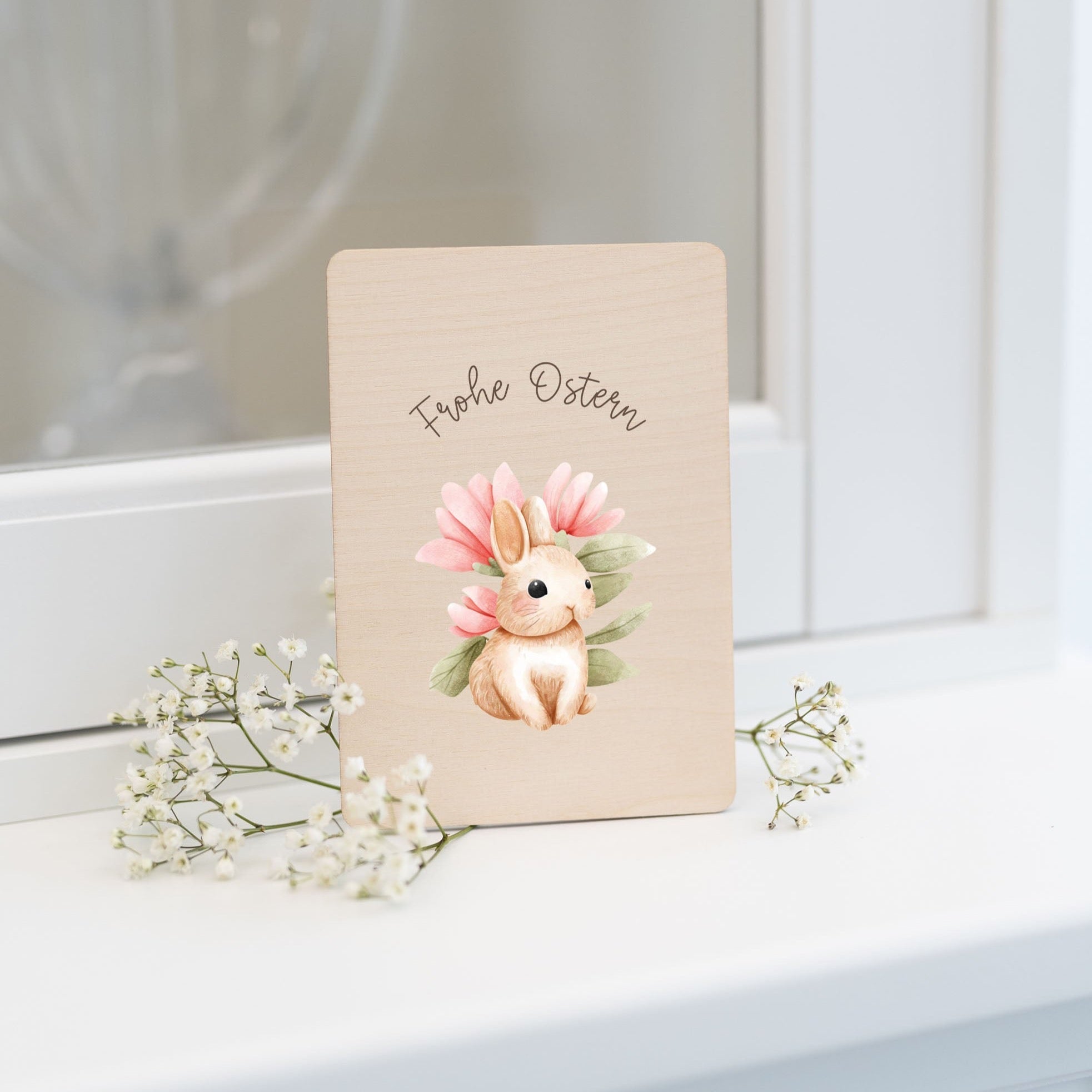 Holzkarte | Frohe Ostern Hase Blumen