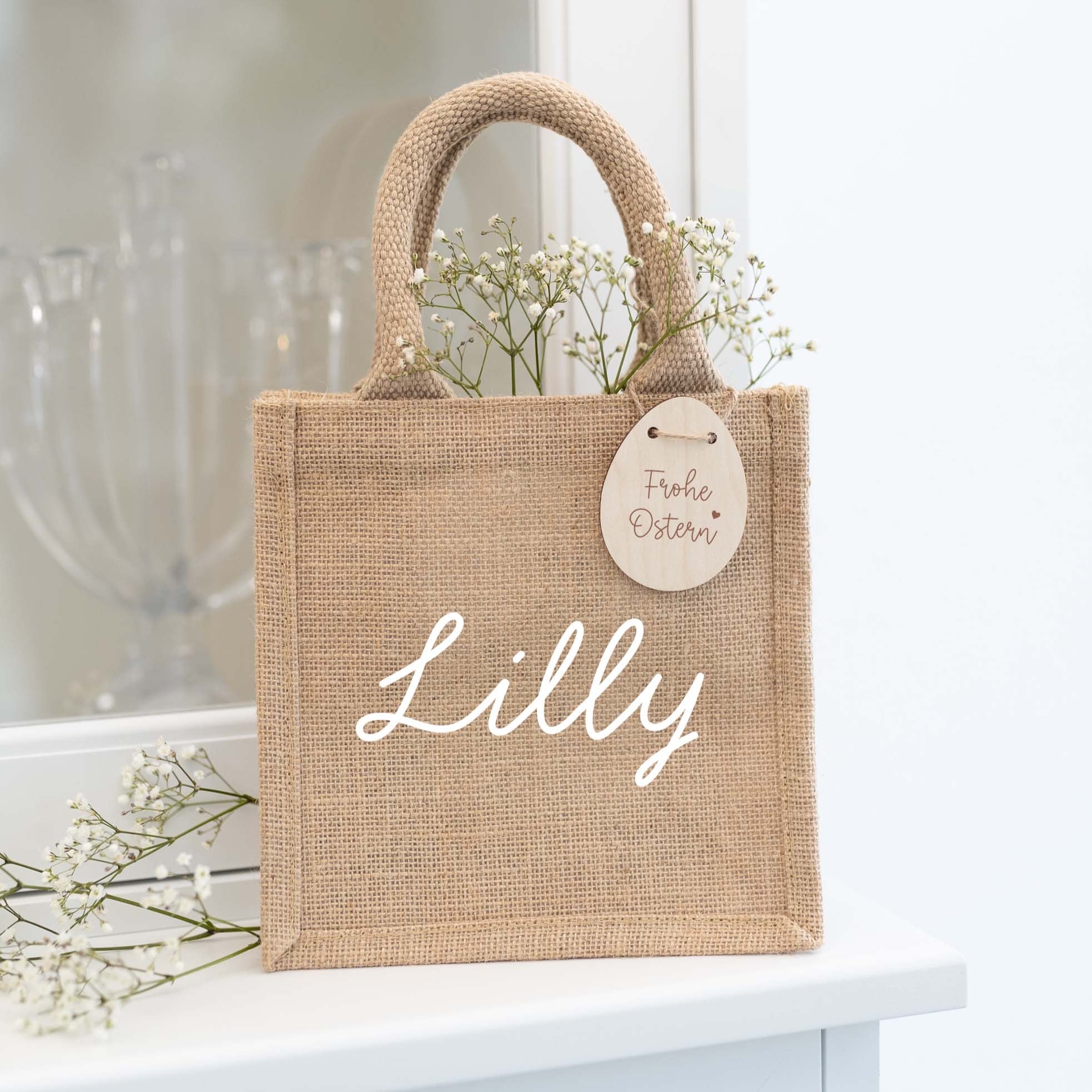 Personalisierte Geschenktasche Natur XS | Name Ostern mit Holzanhänger