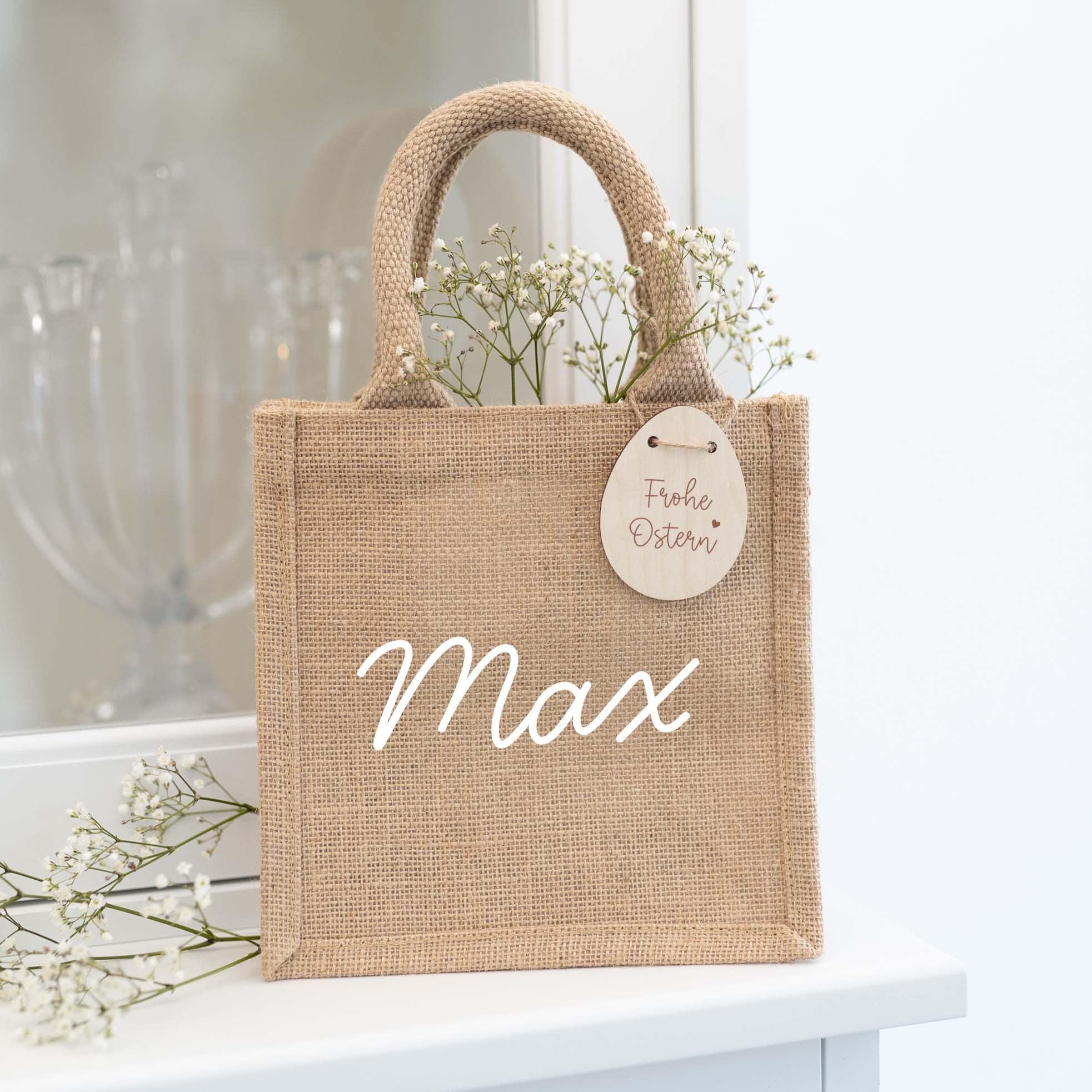Personalisierte Geschenktasche Natur XS | Name Ostern mit Holzanhänger