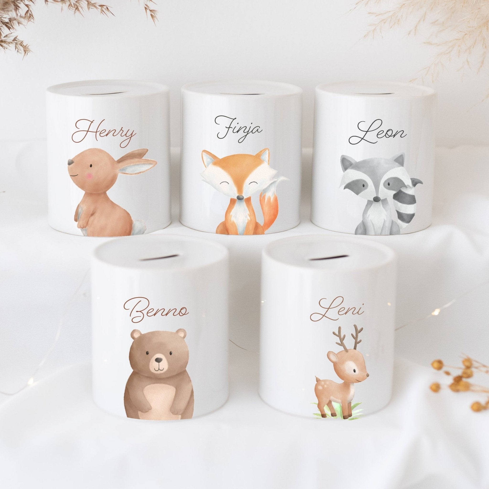 Personalisierte Spardose Keramik Waldtiere Aquarell