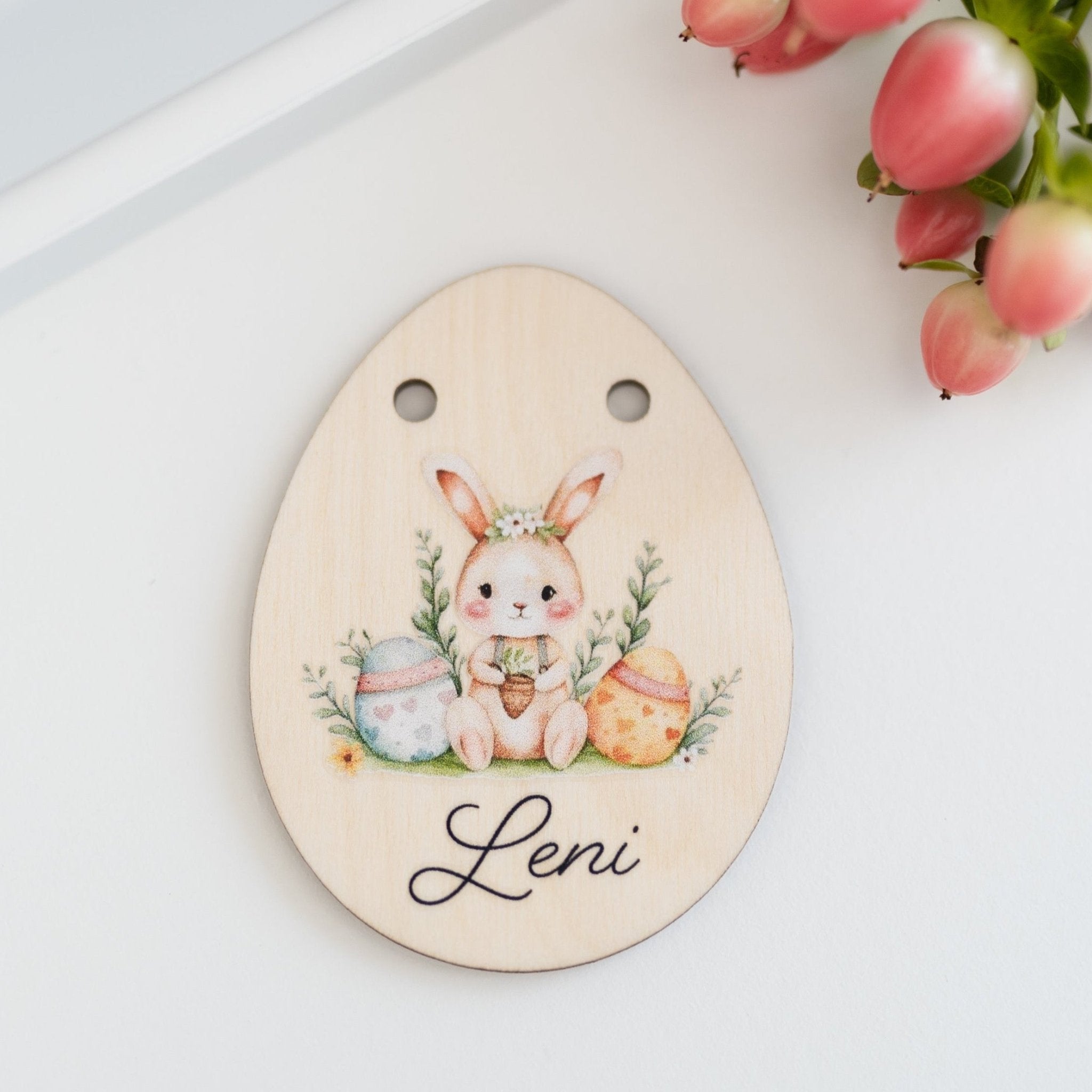 Personalisierter Korb mit Anhänger | Hasenmädchen Blumenkranz