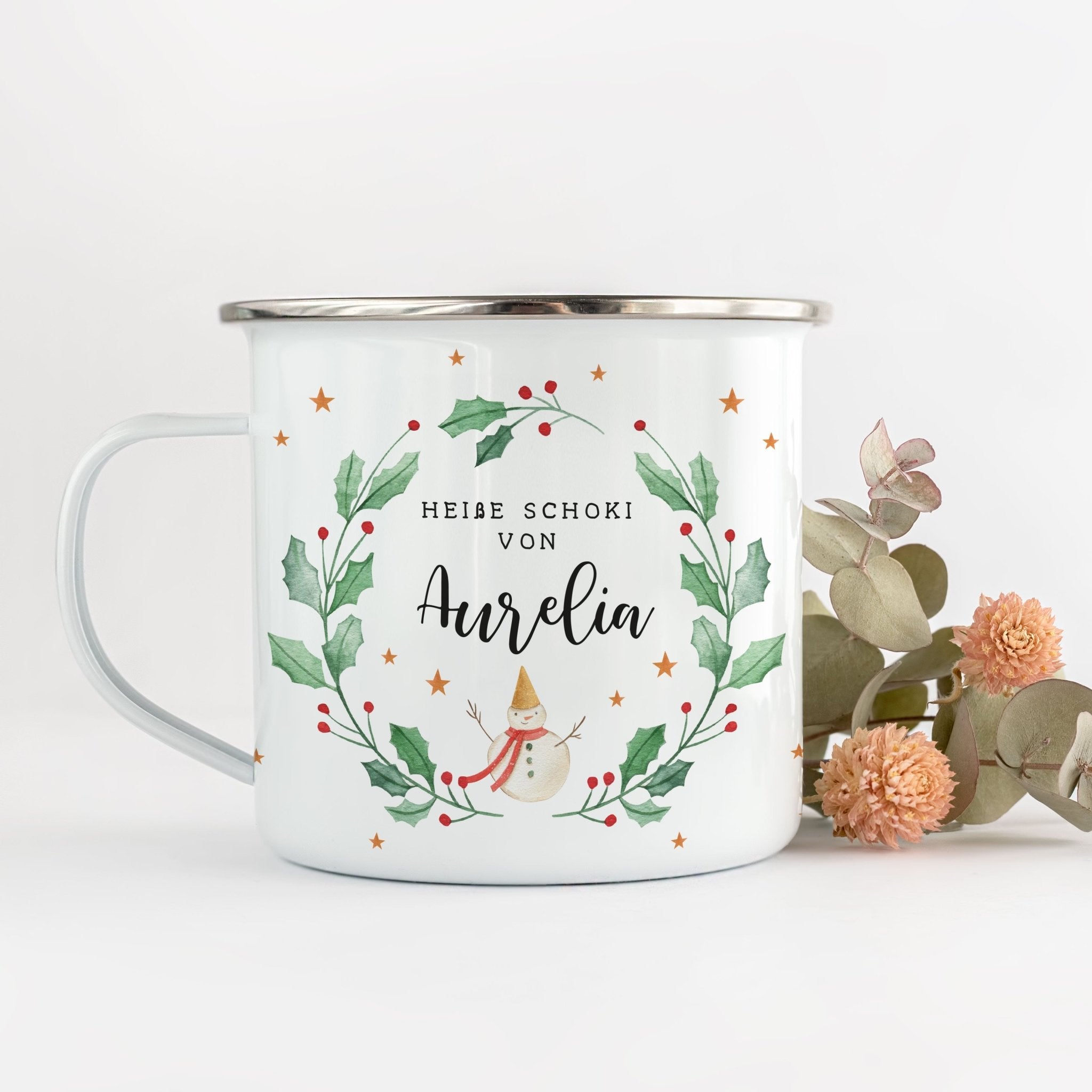 Personalisierte Emailletasse | Weihnachtskranz