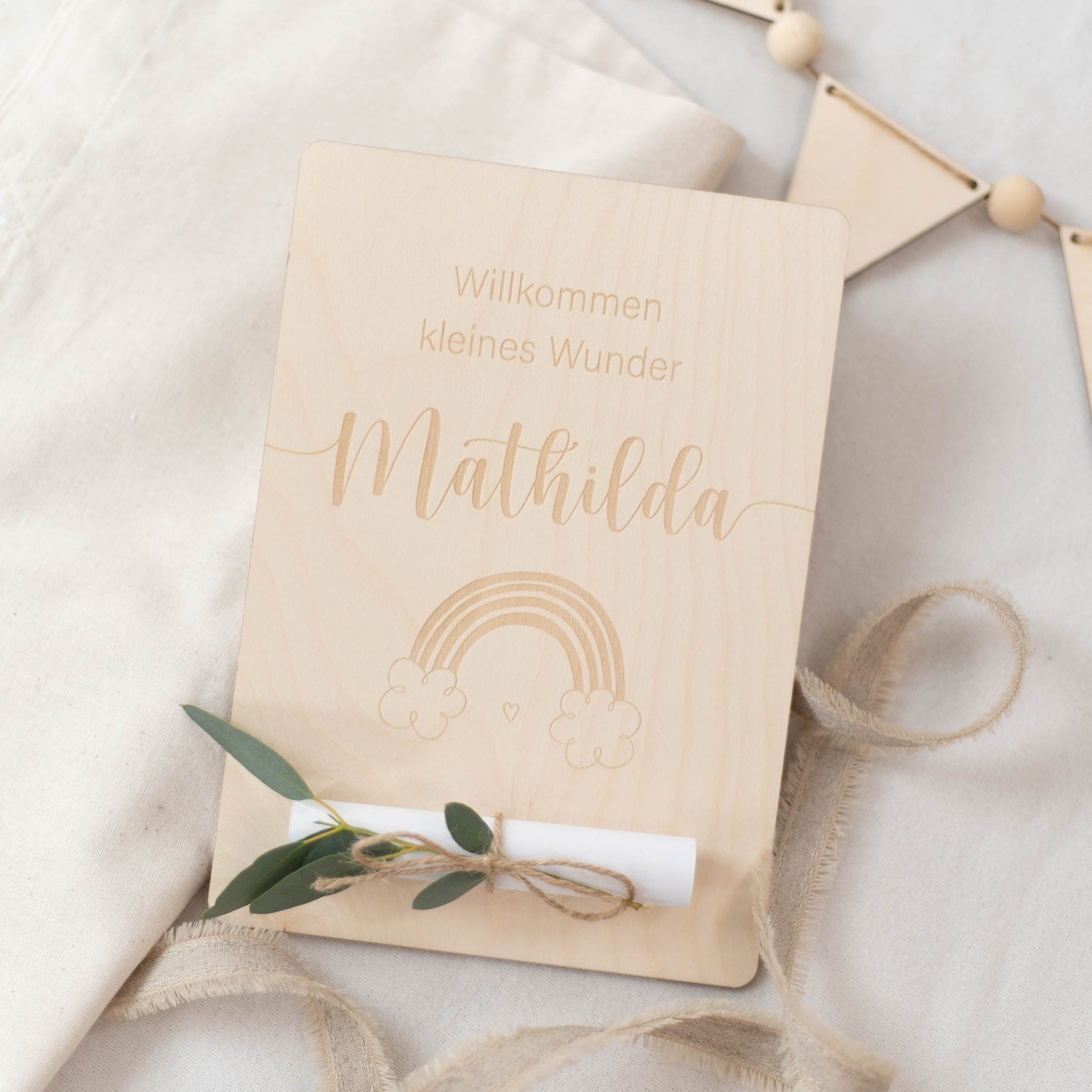 Personalisierte Holzkarte XL Geldgeschenk | Geburt Regenbogen