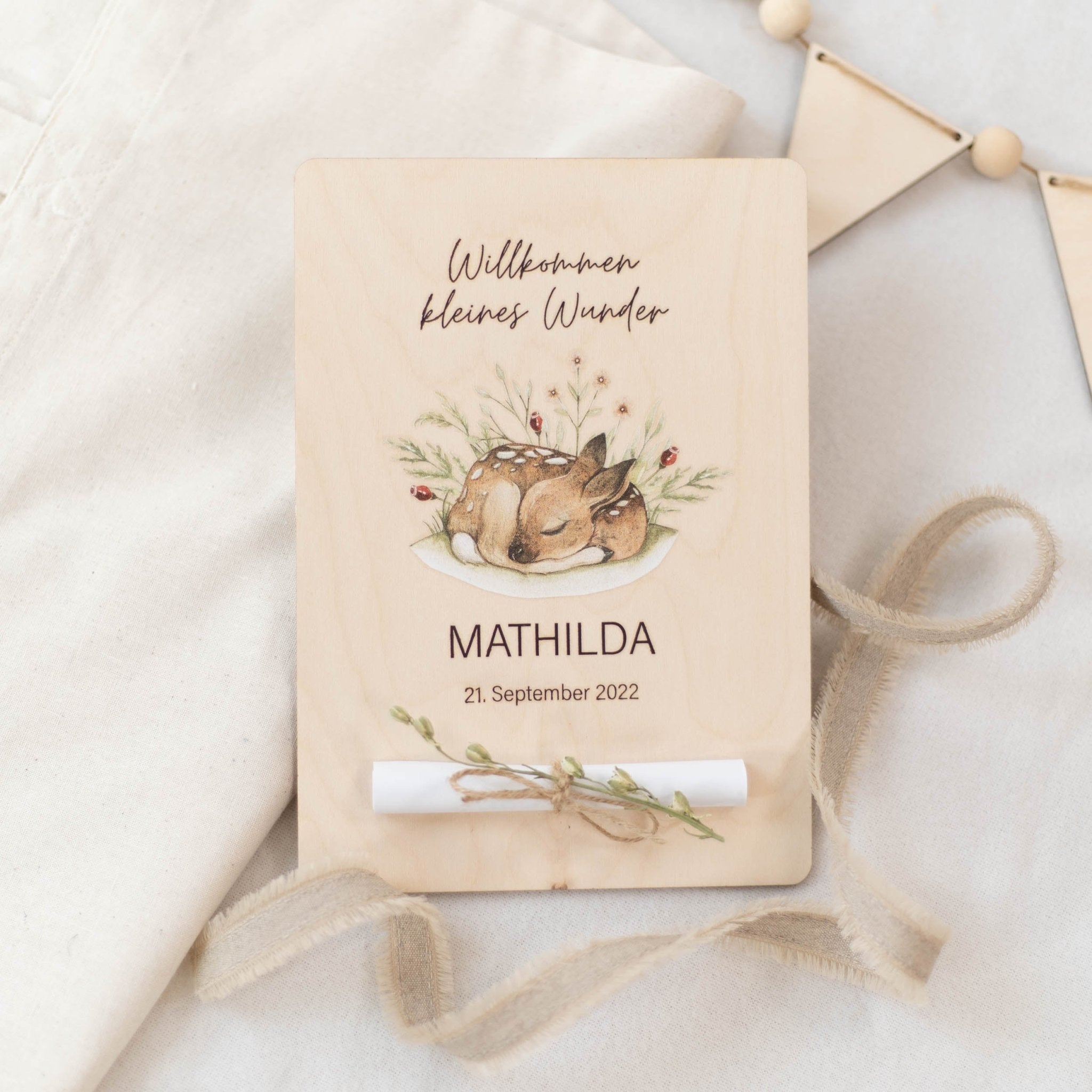 Personalisierte Holzkarte XL Geldgeschenk | Geburt Reh