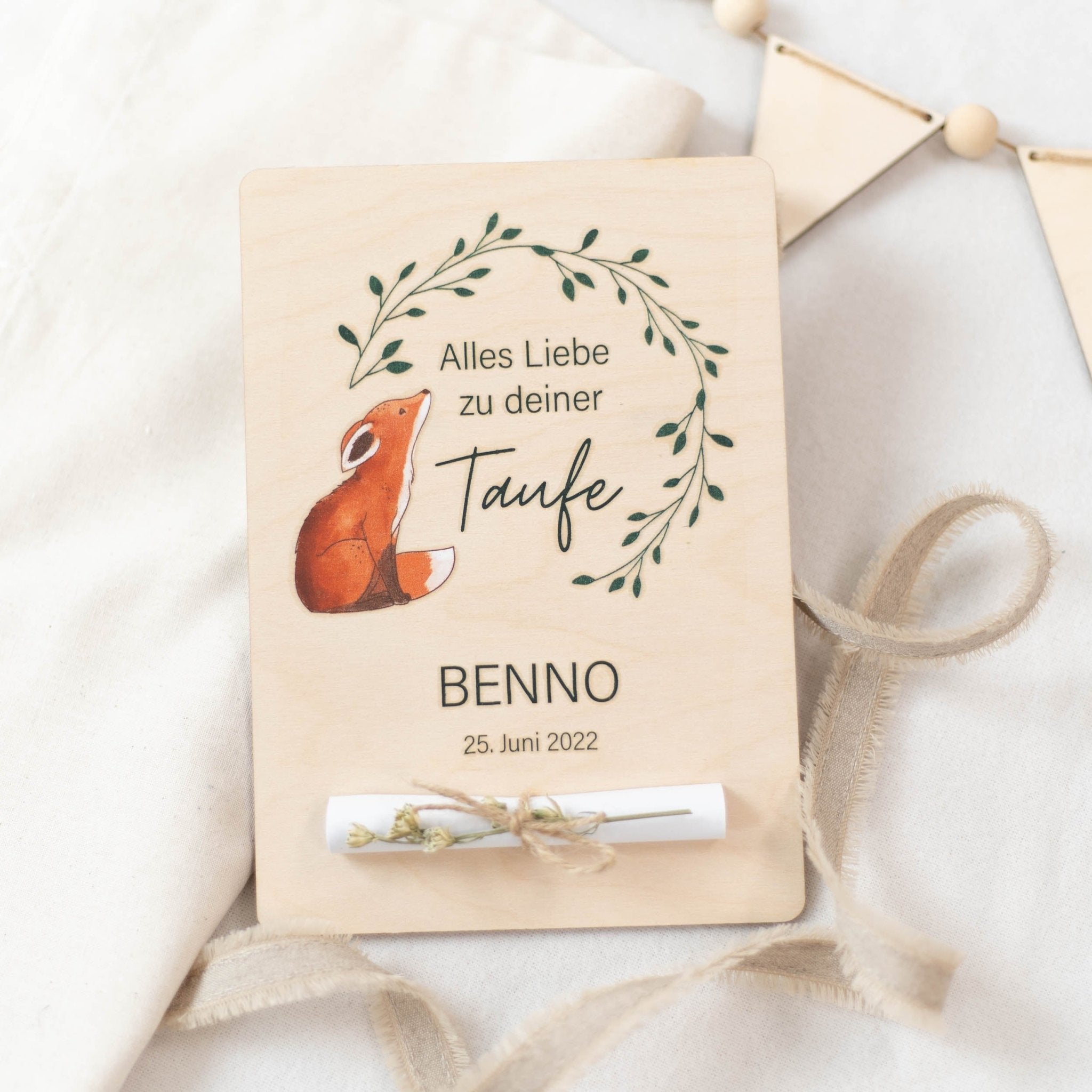 Personalisierte Holzkarte XL Geldgeschenk | Taufe Fuchs