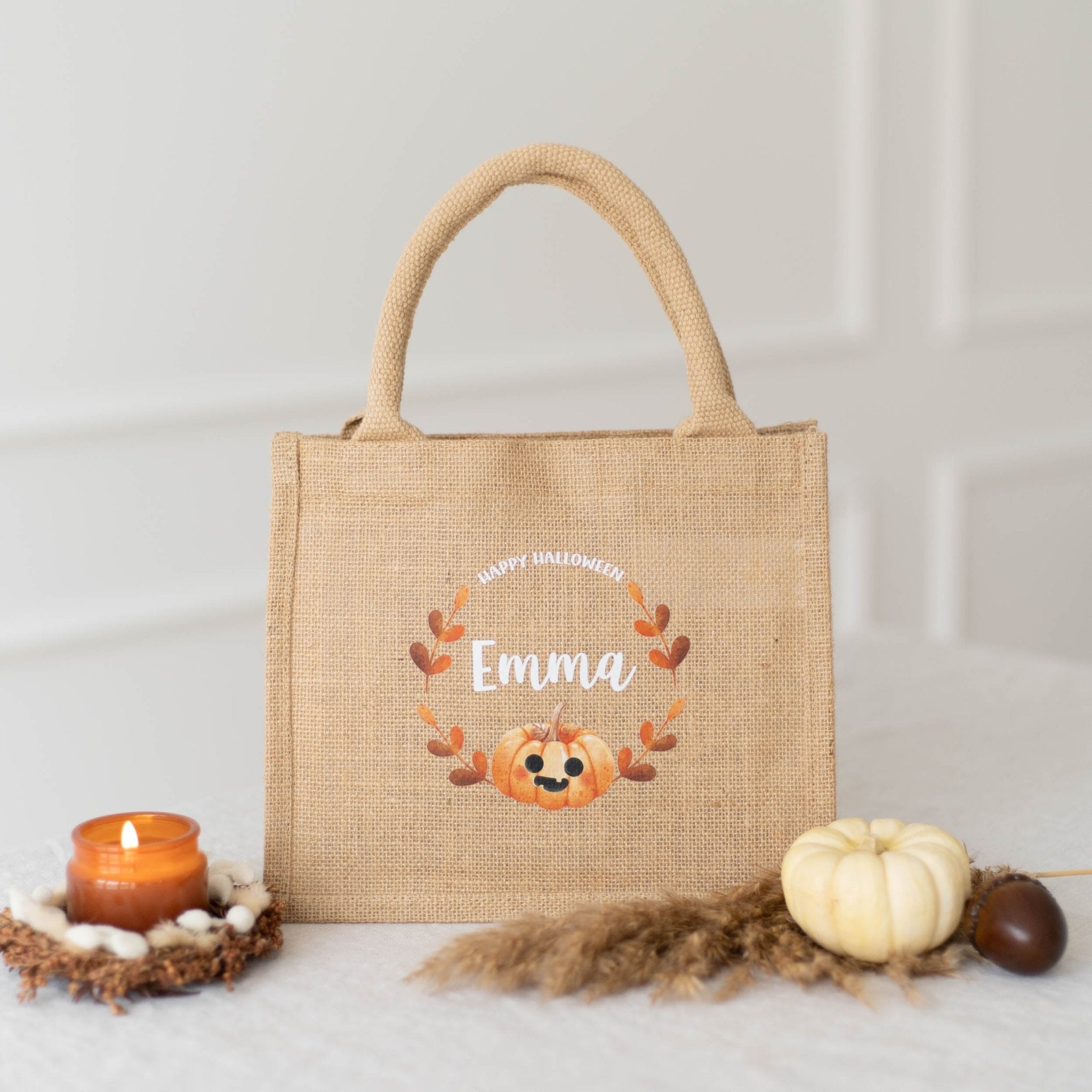 Personalisierte MINI Jutetasche NATUR | Halloween Kürbiskranz