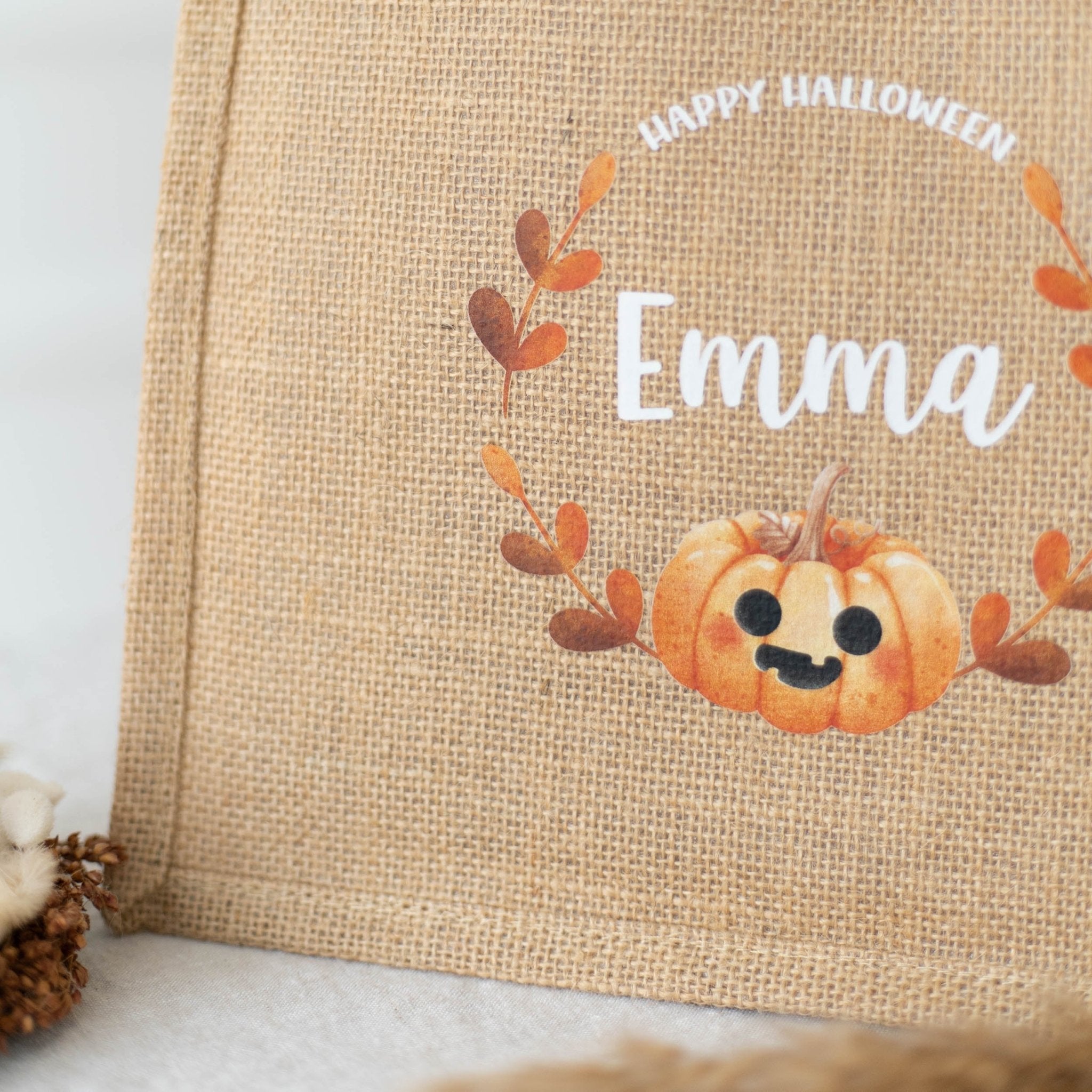 Personalisierte MINI Jutetasche NATUR | Halloween Kürbiskranz