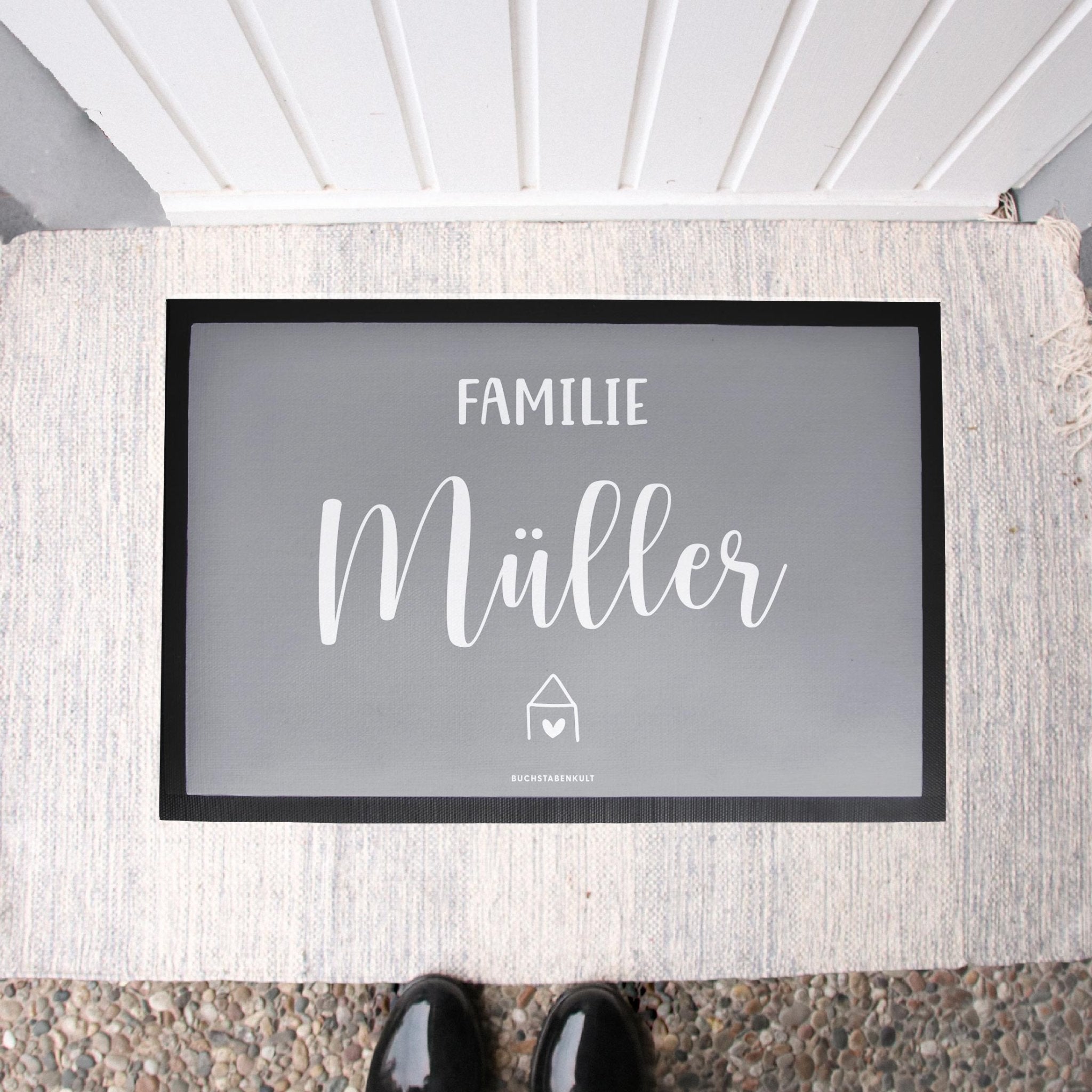 Personalisierte Stoff Fußmatte | Familie Häuschen -GRAU-