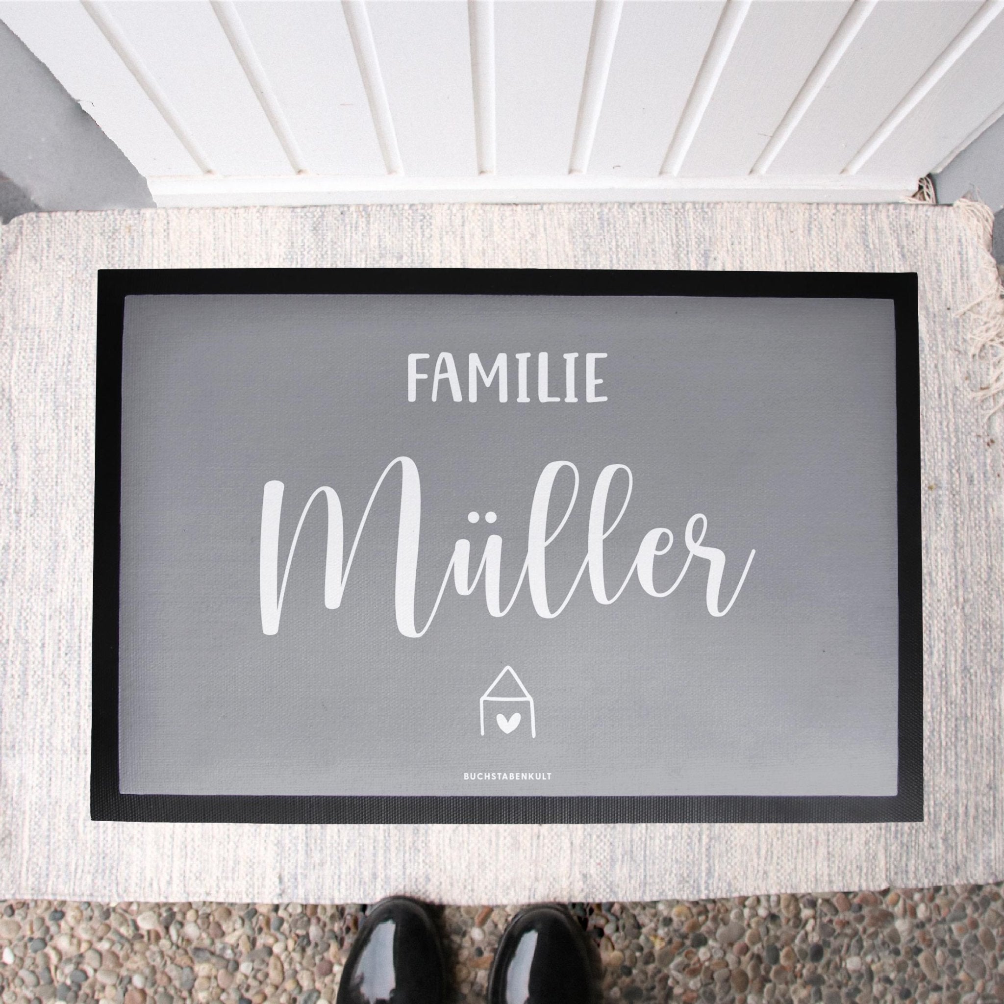 Personalisierte Stoff Fußmatte | Familie Häuschen -GRAU-