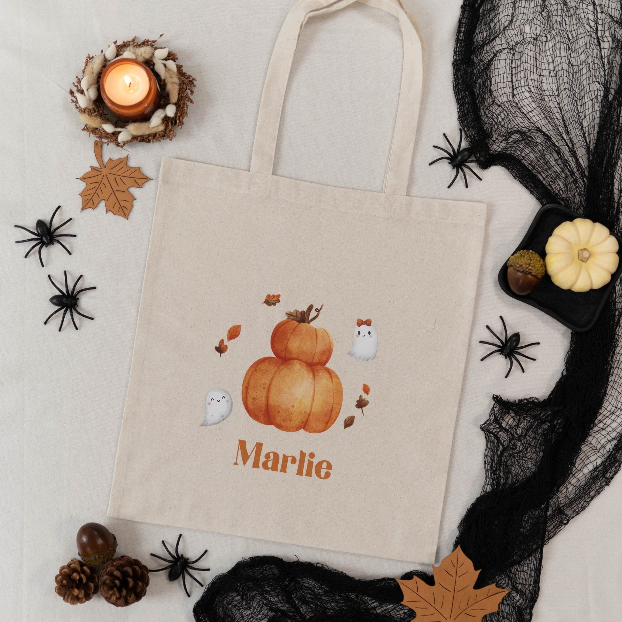 Personalisierter Stoffbeutel NATUR | Halloween Kürbis Geist