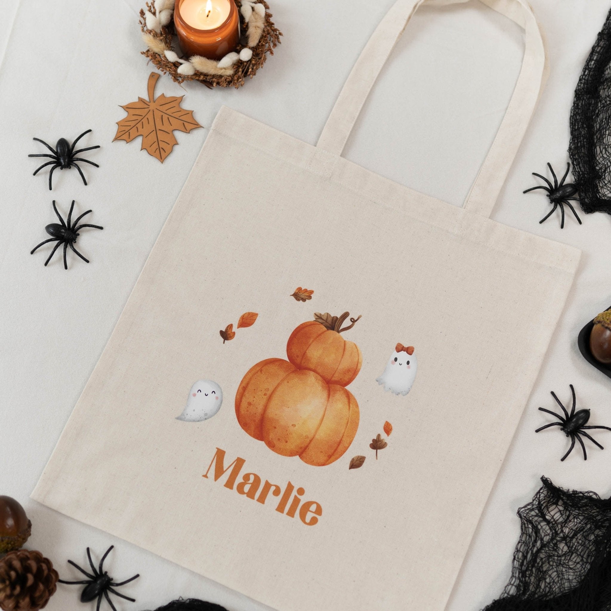Personalisierter Stoffbeutel NATUR | Halloween Kürbis Geist