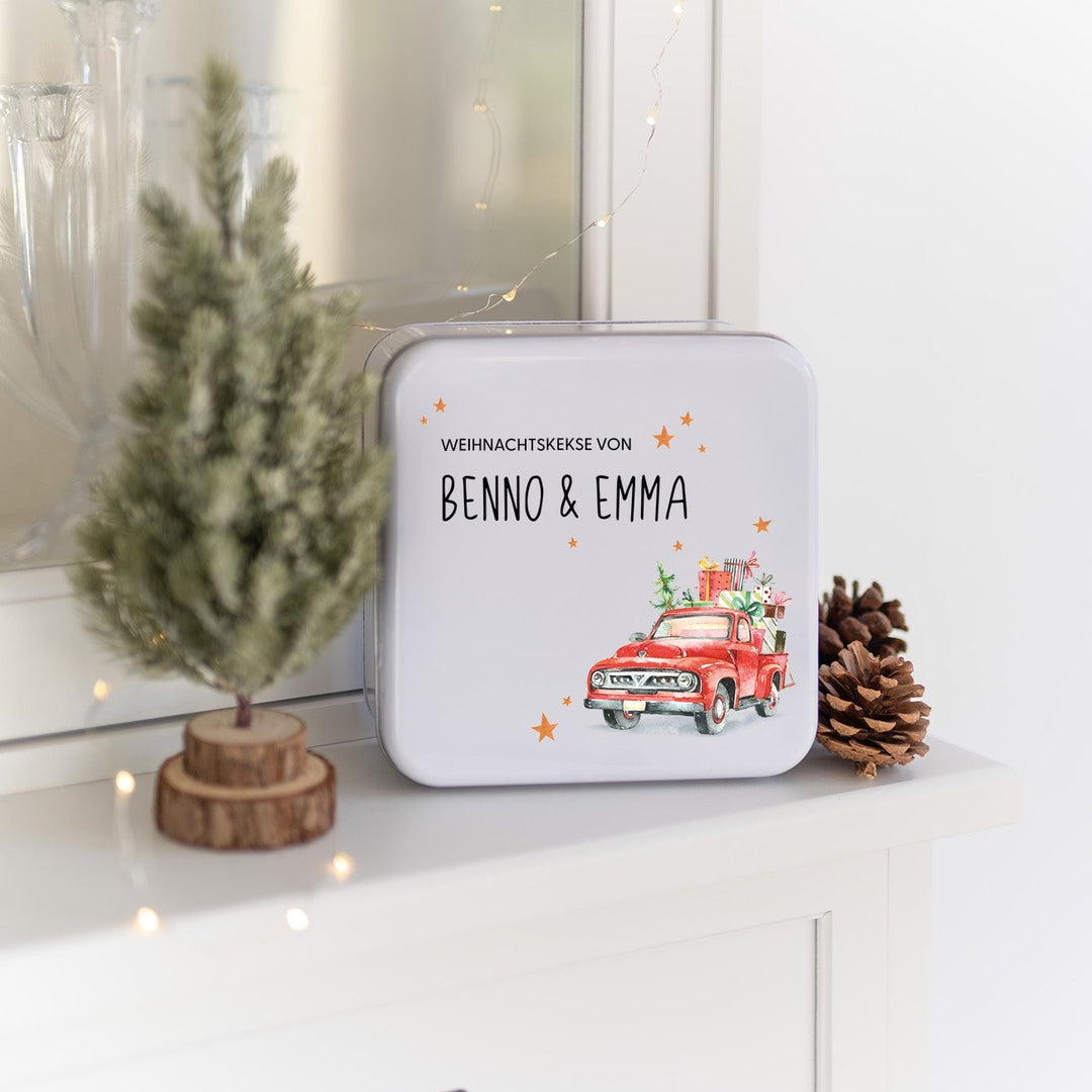Personalisierte Keksdose Quadrat | Weihnachtsauto