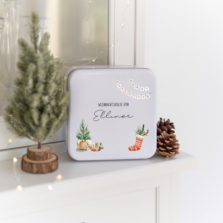 Personalisierte Keksdose Quadrat | Weihnachtswimpel