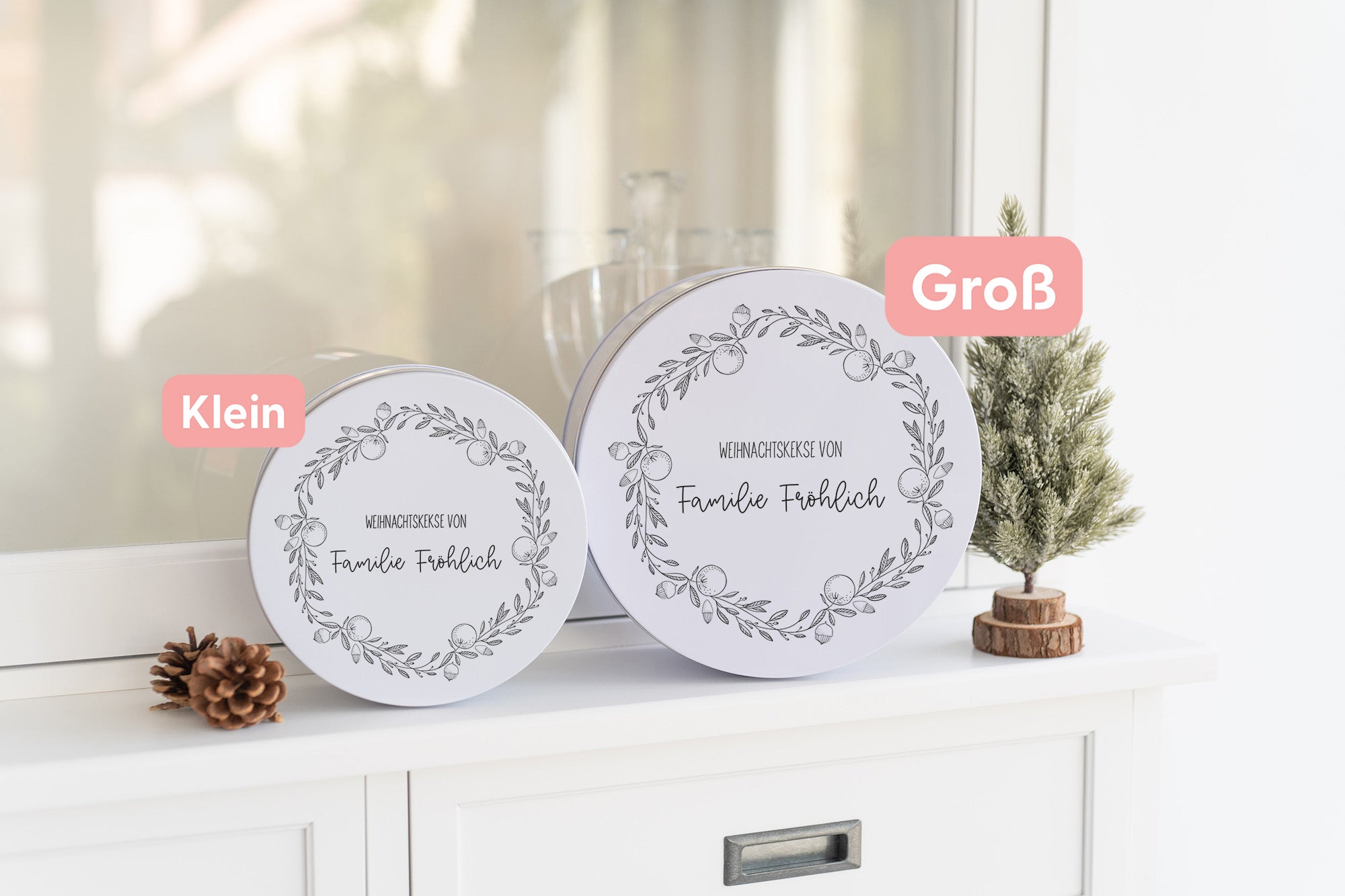 Personalisierte Keksdose Rund | Haselnusskranz